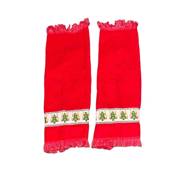 Set of 2 Vintage Fieldcrest Christmas Hand Towels Set Red Trees Holiday Decor - Picture 1 of 7